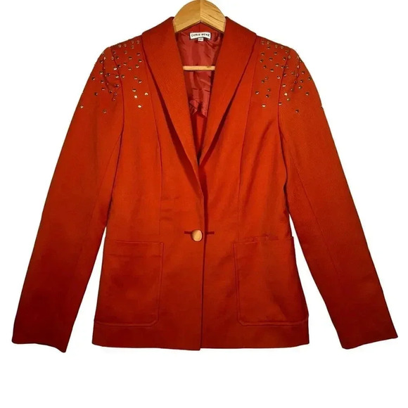 Chris Benz Statement Studded Shoulder Embellishments Wool Orange Blazer Size 6 - Picture 1 of 8